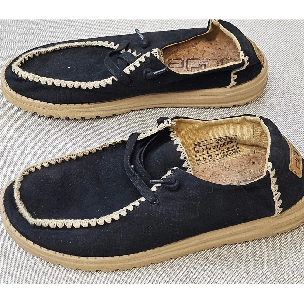Hey Dude Wendy Crochet Black Womens Loafers Size 8 Moccasins Slip On Shoes - Picture 2 of 8
